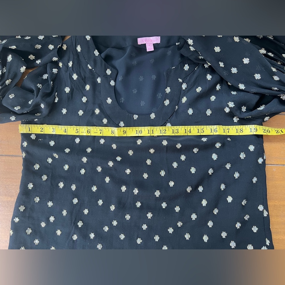 Lilly Pulitzer Amory Starry Silk Chiffon Blouse Black Gold Metallic Bell Sleeve - Picture 16 of 17